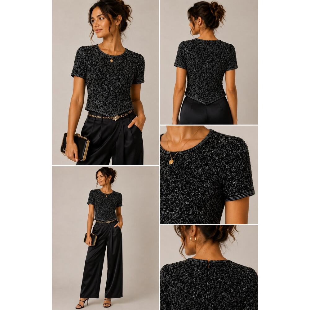 VTG Adrianna Papell 100% Silk Hand Beaded Evening Top L Black 90s Glam Y2K